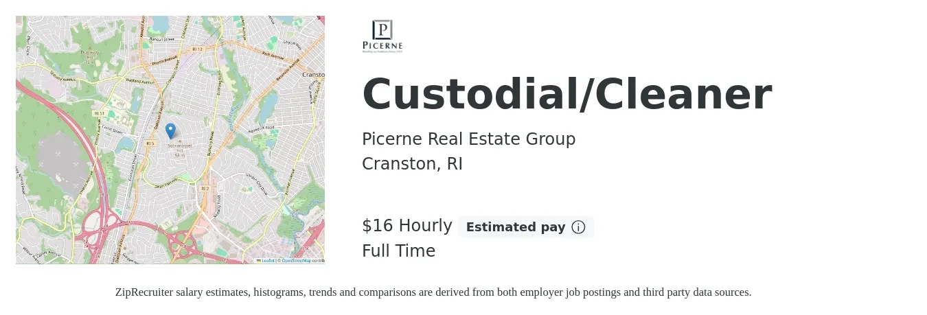 Picerne Real Estate Group job posting for a Custodial/Cleaner in Cranston, RI with a salary of $17 Hourly with a map of Cranston location.