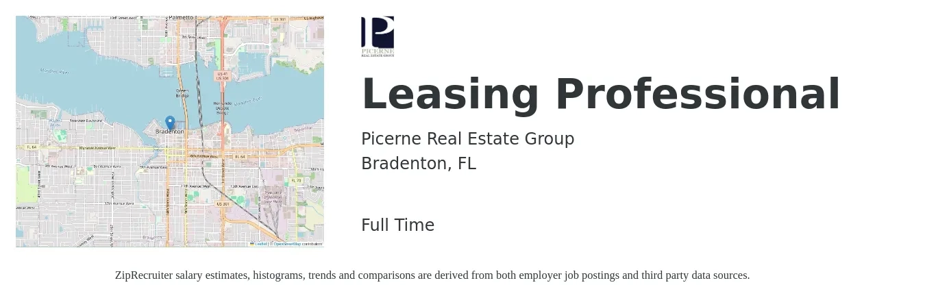 Picerne Real Estate Group job posting for a Leasing Professional in Bradenton, FL with a salary of $16 to $18 Hourly with a map of Bradenton location.