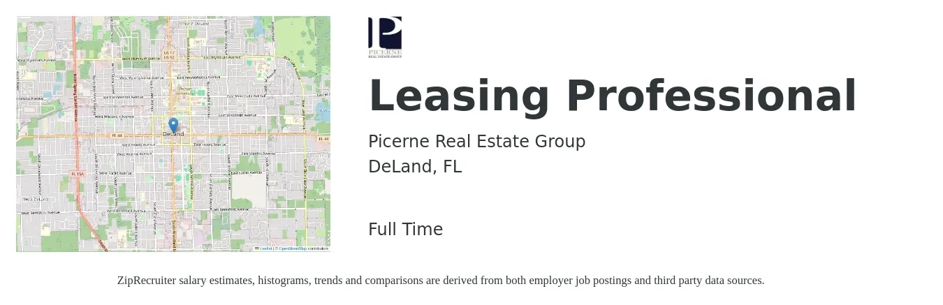 Picerne Real Estate Group job posting for a Leasing Professional in DeLand, FL with a salary of $15 to $18 Hourly with a map of DeLand location.