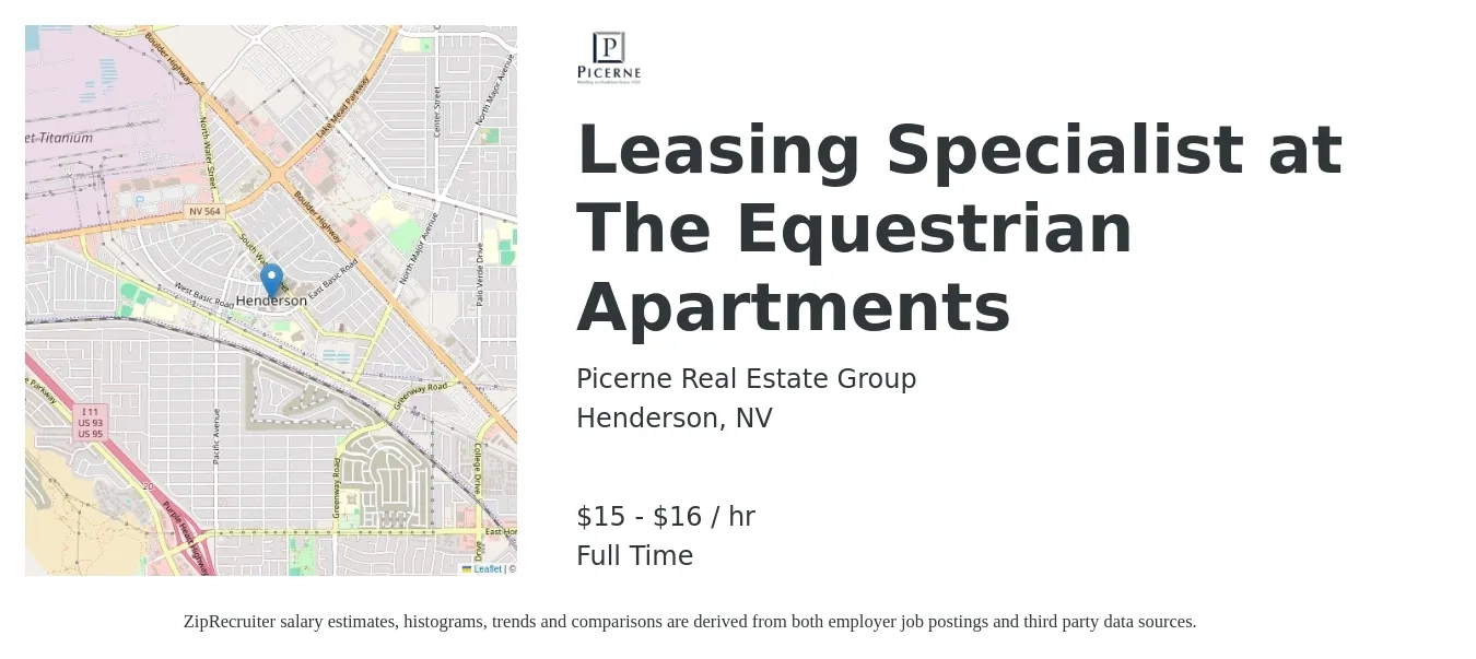 Picerne Real Estate Group job posting for a Leasing Specialist at The Equestrian Apartments in Henderson, NV with a salary of $16 to $18 Hourly with a map of Henderson location.