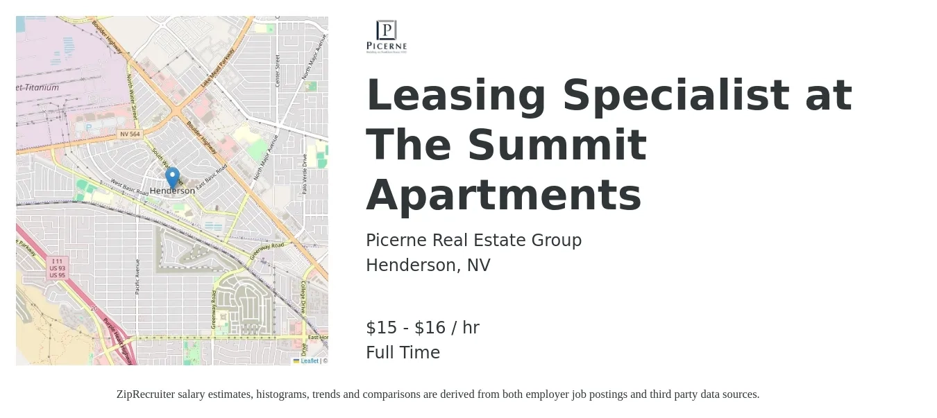 Picerne Real Estate Group job posting for a Leasing Specialist at The Summit Apartments in Henderson, NV with a salary of $16 to $17 Hourly with a map of Henderson location.
