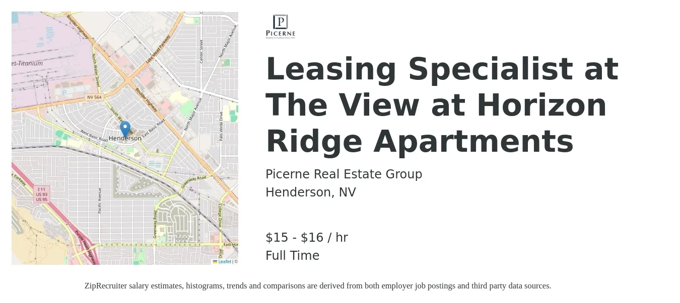 Picerne Real Estate Group job posting for a Leasing Specialist at The View at Horizon Ridge Apartments in Henderson, NV with a salary of $16 to $18 Hourly with a map of Henderson location.