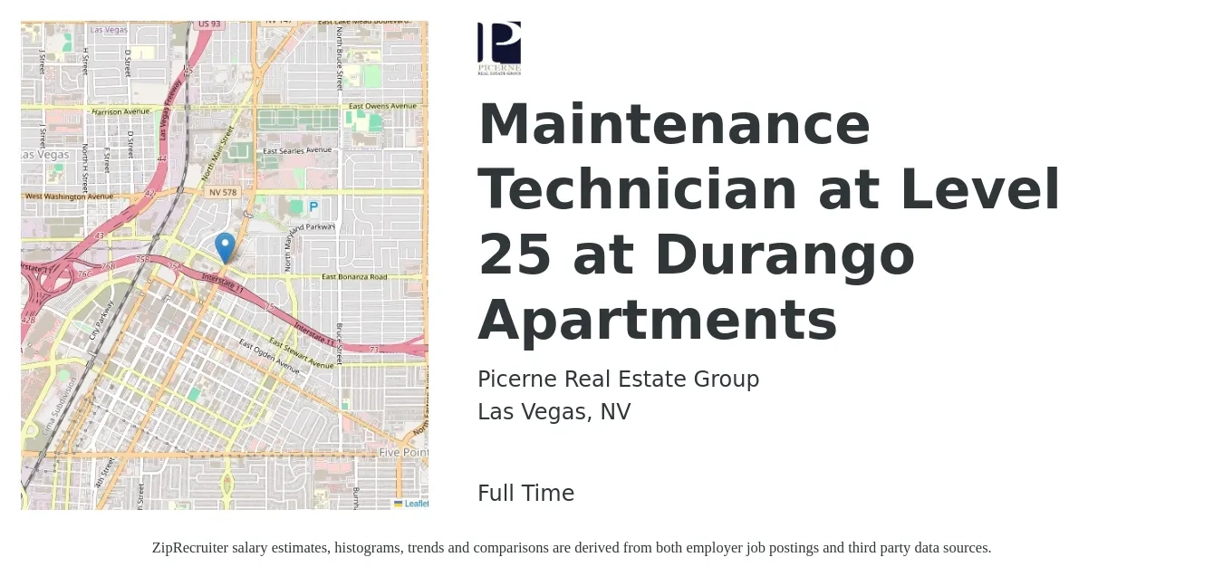 Picerne Real Estate Group job posting for a Maintenance Technician at Level 25 at Durango Apartments in Las Vegas, NV with a salary of $17 to $21 Hourly with a map of Las Vegas location.