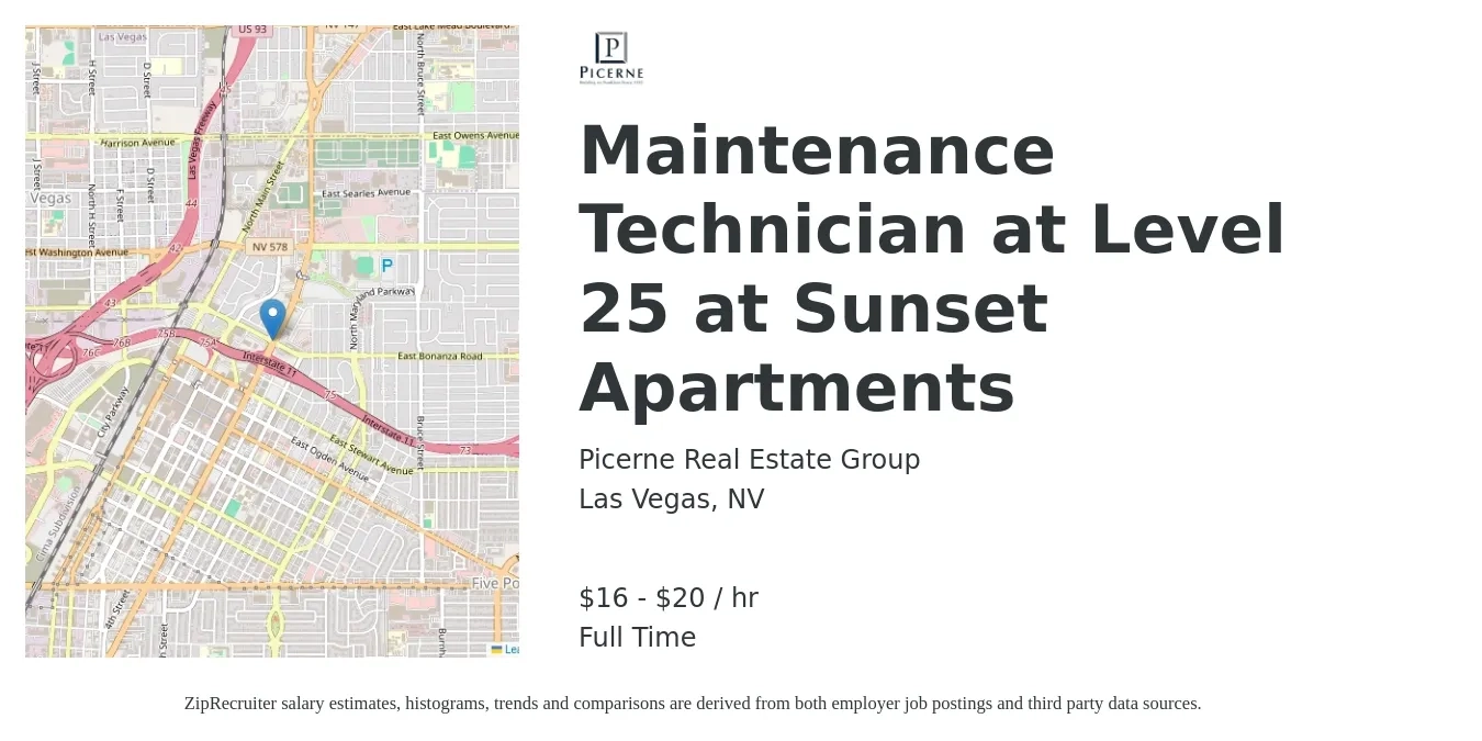 Picerne Real Estate Group job posting for a Maintenance Technician at Level 25 at Sunset Apartments in Las Vegas, NV with a salary of $17 to $21 Hourly with a map of Las Vegas location.