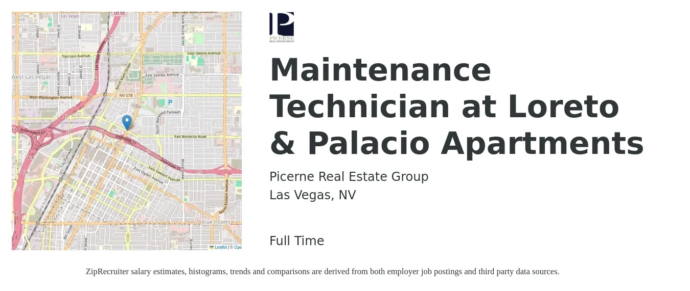 Picerne Real Estate Group job posting for a Maintenance Technician at Loreto & Palacio Apartments in Las Vegas, NV with a salary of $17 to $21 Hourly with a map of Las Vegas location.