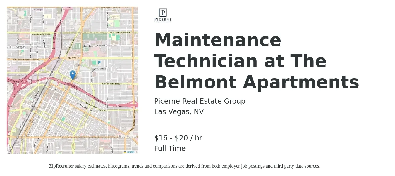 Picerne Real Estate Group job posting for a Maintenance Technician at The Belmont Apartments in Las Vegas, NV with a salary of $17 to $21 Hourly with a map of Las Vegas location.