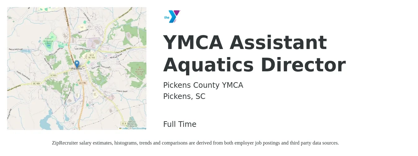 Pickens County YMCA job posting for a YMCA Assistant Aquatics Director in Pickens, SC with a salary of $15 to $20 Hourly with a map of Pickens location.