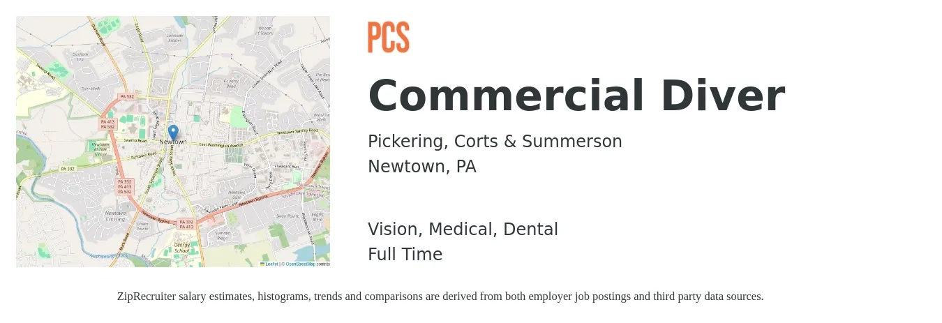 Pickering, Corts & Summerson job posting for a Commercial Diver in Newtown, PA with a salary of $19 to $25 Hourly and benefits including dental, life_insurance, medical, pto, retirement, and vision with a map of Newtown location.