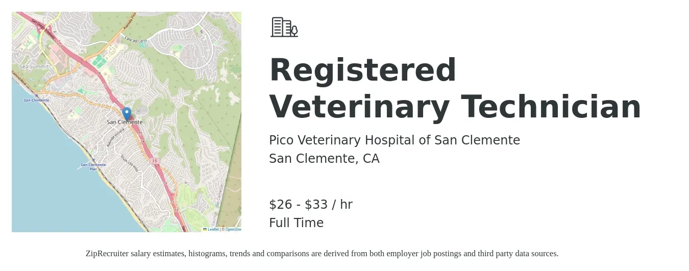 Pico Veterinary Hospital of San Clemente job posting for a Registered Veterinary Technician in San Clemente, CA with a salary of $28 to $35 Hourly with a map of San Clemente location.