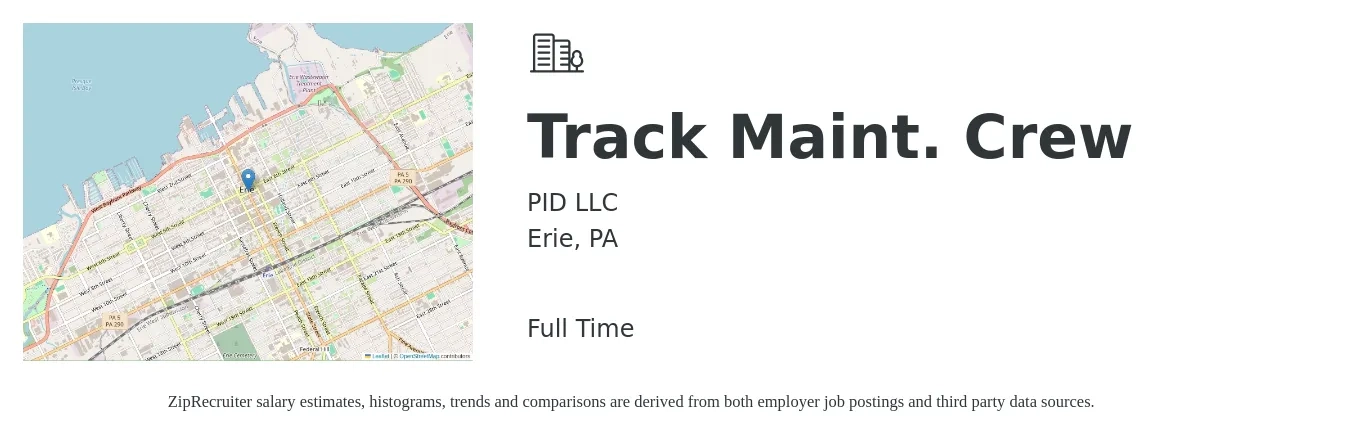 PID LLC job posting for a Track Maint. Crew in Erie, PA with a salary of $23 to $38 Hourly with a map of Erie location.