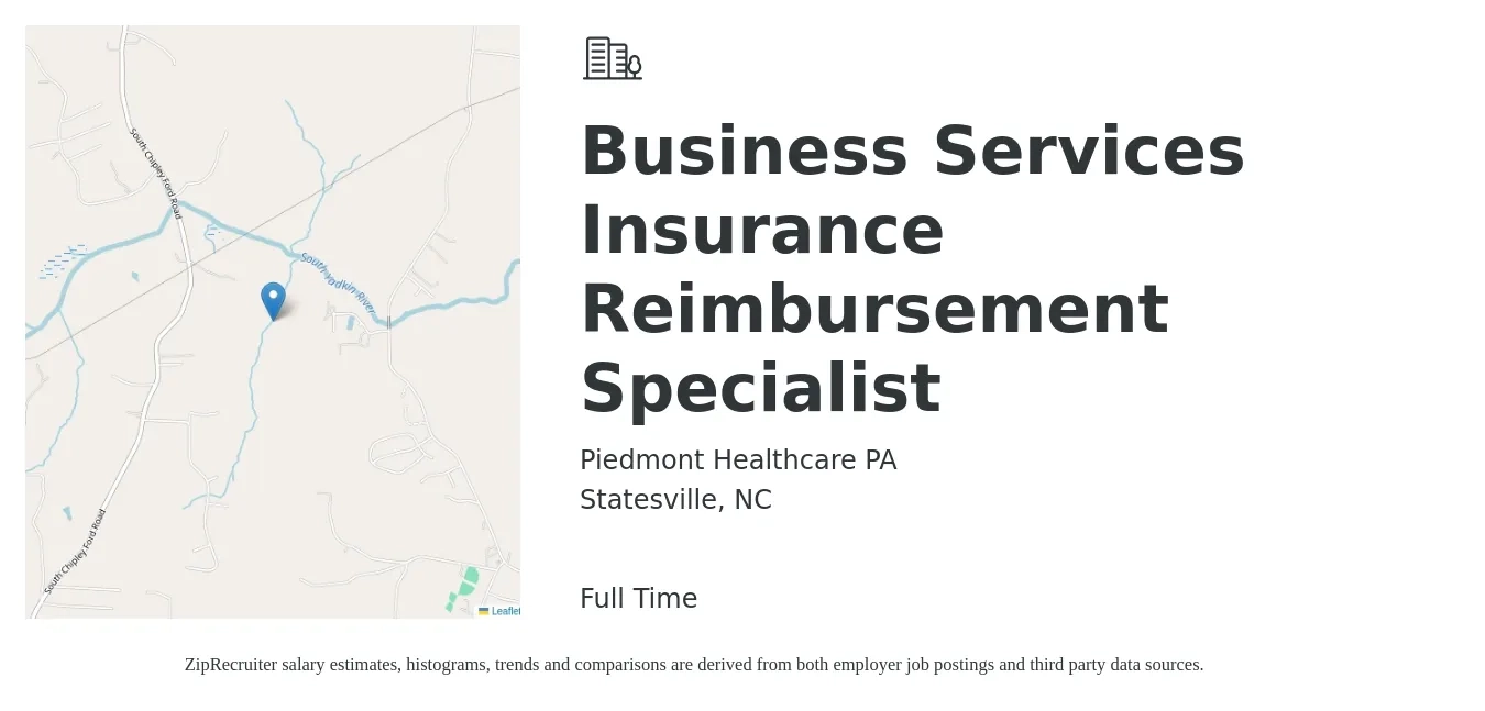 Piedmont Healthcare PA job posting for a Business Services Insurance Reimbursement Specialist in Statesville, NC with a salary of $34,400 to $66,100 Yearly with a map of Statesville location.