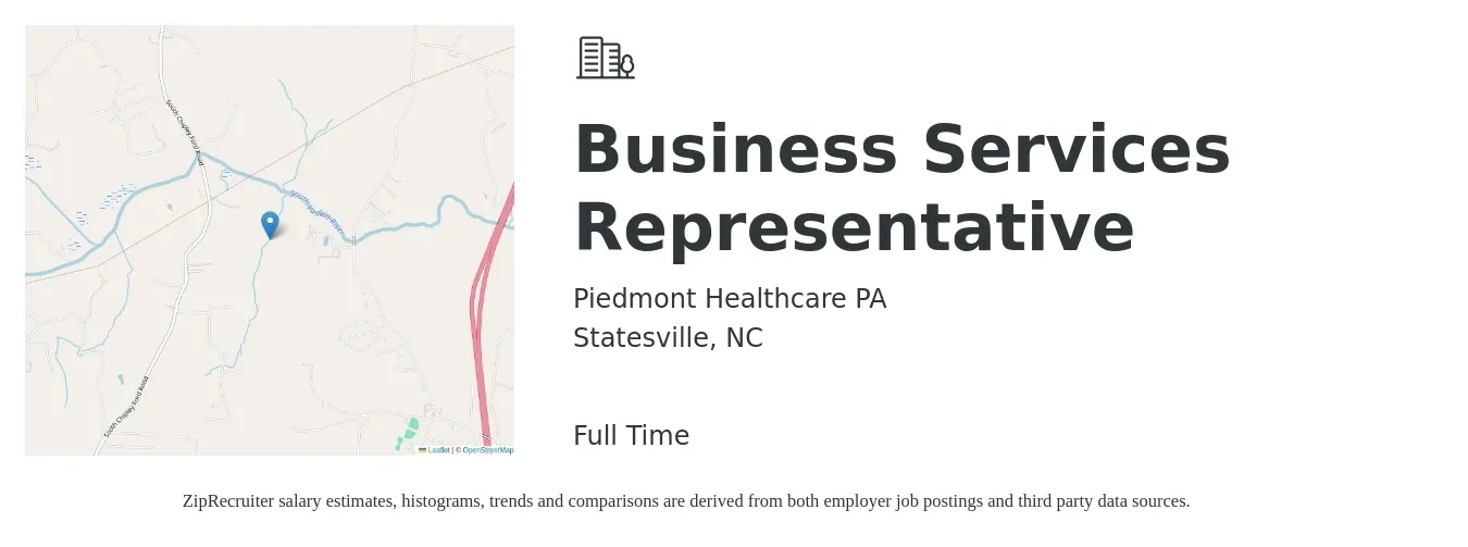 Piedmont Healthcare PA job posting for a Business Services Representative in Statesville, NC with a salary of $17 to $24 Hourly with a map of Statesville location.