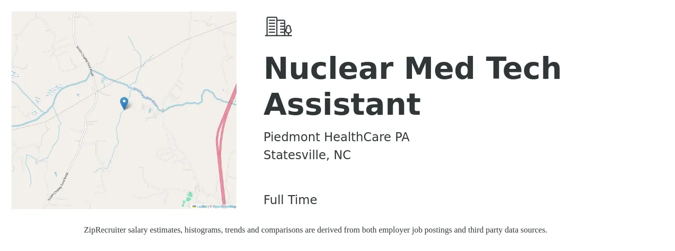 Piedmont Healthcare PA job posting for a Nuclear Med Tech Assistant in Statesville, NC with a salary of $38 to $61 Hourly with a map of Statesville location.