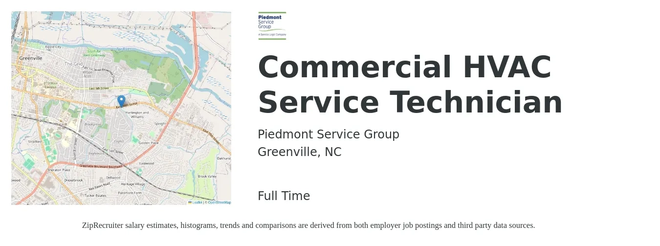Piedmont Service Group job posting for a Commercial HVAC Service Technician in Greenville, NC with a salary of $29 to $37 Hourly with a map of Greenville location.