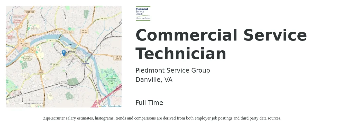 Piedmont Service Group job posting for a Commercial Service Technician in Danville, VA with a salary of $21 to $31 Hourly with a map of Danville location.