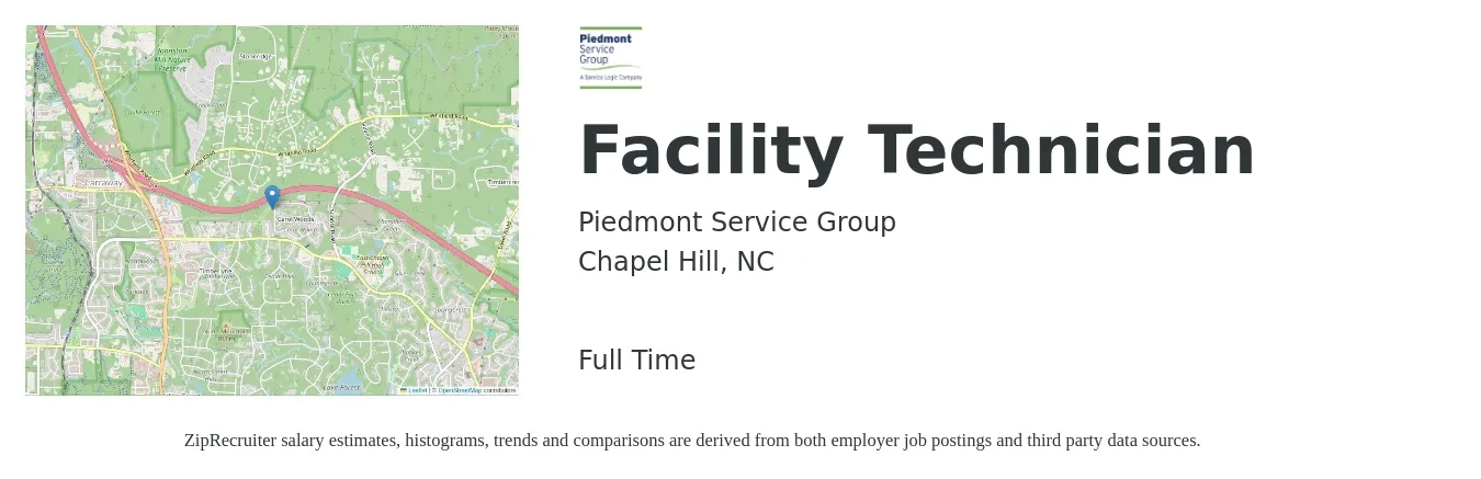 Piedmont Service Group job posting for a Facility Technician in Chapel Hill, NC with a salary of $16 to $23 Hourly with a map of Chapel Hill location.