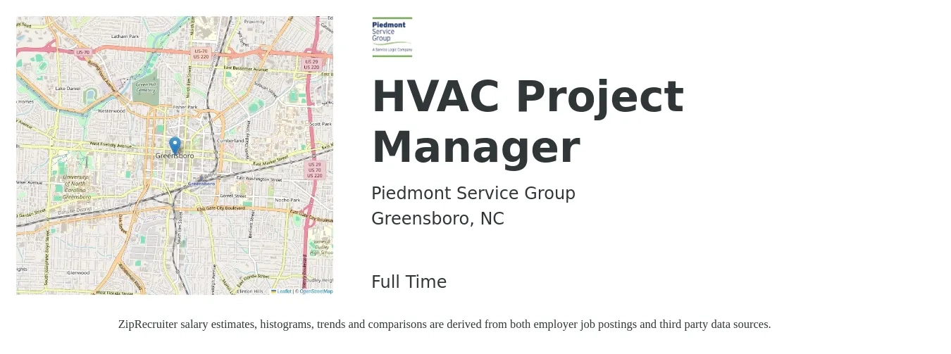 Piedmont Service Group job posting for a HVAC Project Manager in Greensboro, NC with a salary of $77,500 to $108,500 Yearly with a map of Greensboro location.