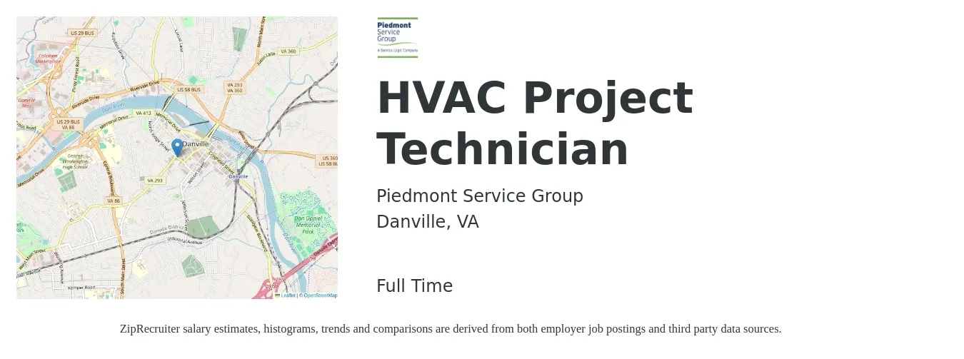 Piedmont Service Group job posting for a HVAC Project Technician in Danville, VA with a salary of $23 to $33 Hourly with a map of Danville location.