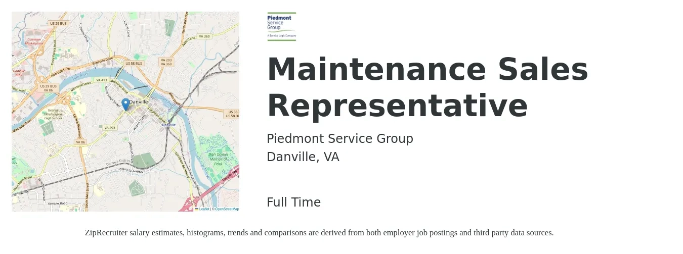 Piedmont Service Group job posting for a Maintenance Sales Representative in Danville, VA with a salary of $15 to $24 Hourly with a map of Danville location.
