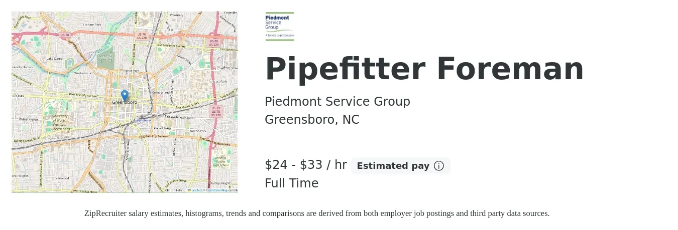 Piedmont Service Group job posting for a Pipefitter Foreman in Greensboro, NC with a salary of $25 to $35 Hourly with a map of Greensboro location.