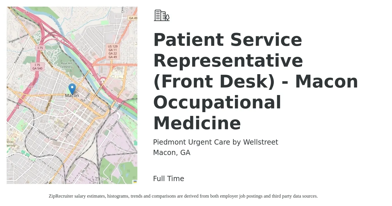 Piedmont Urgent Care by Wellstreet job posting for a Patient Service Representative (Front Desk) - Macon Occupational Medicine in Macon, GA with a salary of $17 to $21 Hourly with a map of Macon location.