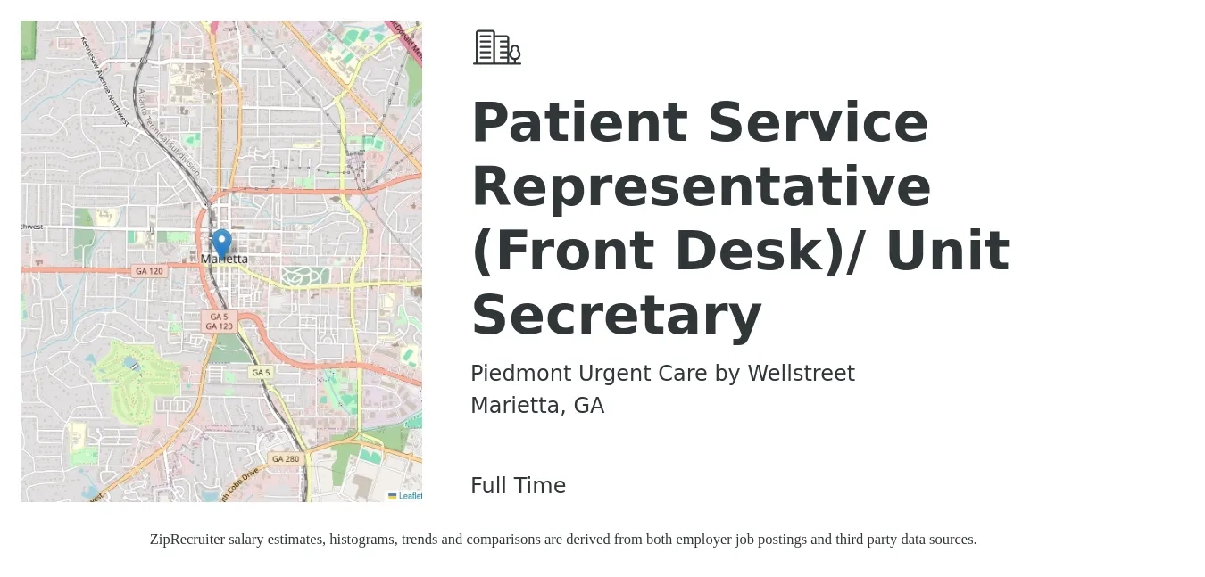 Piedmont Urgent Care by Wellstreet job posting for a Patient Service Representative (Front Desk)/ Unit Secretary in Marietta, GA with a salary of $16 to $19 Hourly with a map of Marietta location.