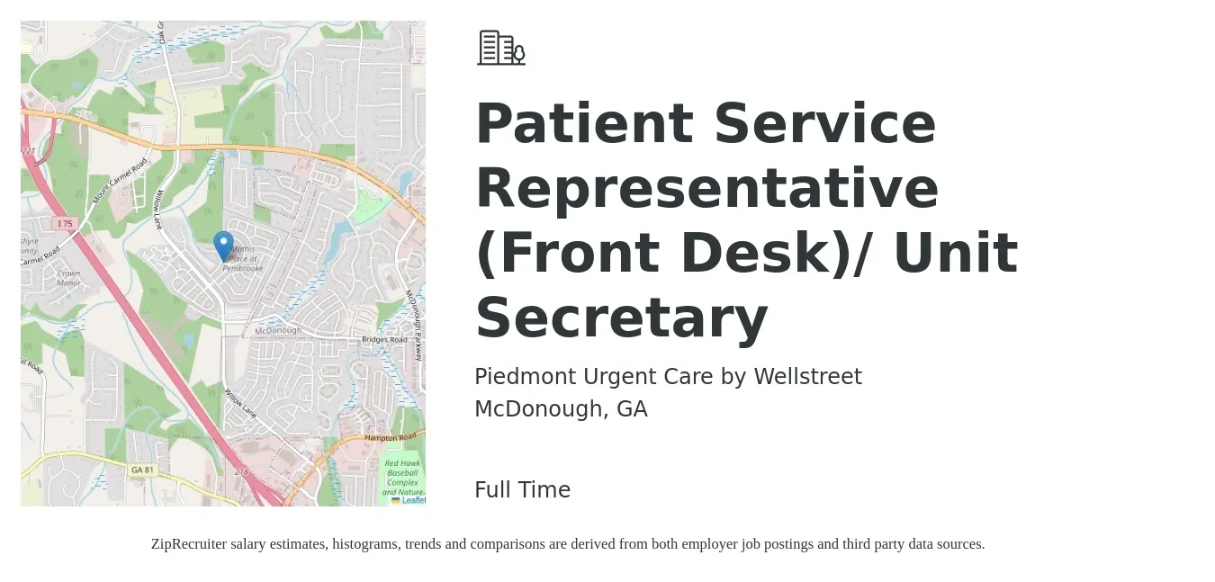 Piedmont Urgent Care by Wellstreet job posting for a Patient Service Representative (Front Desk)/ Unit Secretary in McDonough, GA with a salary of $16 to $19 Hourly with a map of McDonough location.
