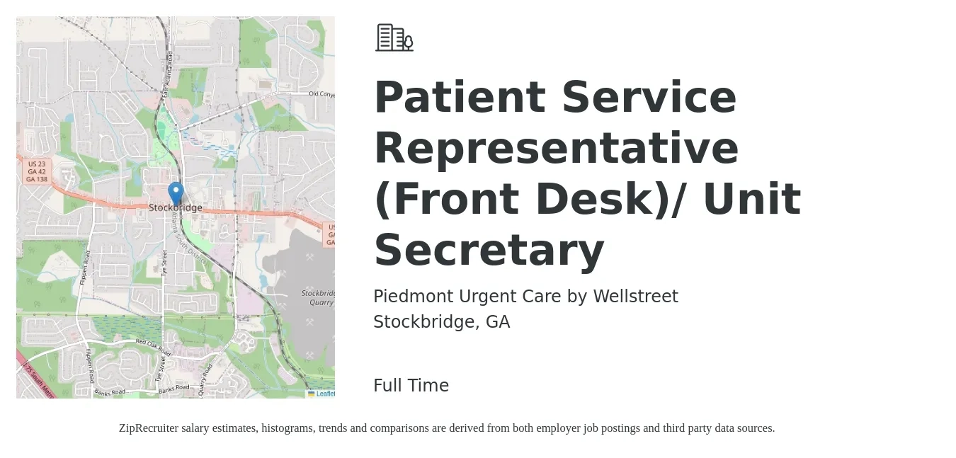 Piedmont Urgent Care by Wellstreet job posting for a Patient Service Representative (Front Desk)/ Unit Secretary in Stockbridge, GA with a salary of $15 to $18 Hourly with a map of Stockbridge location.