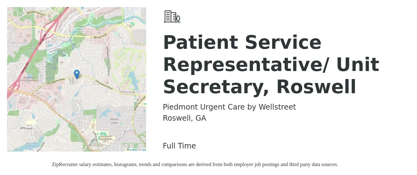 Piedmont Urgent Care by Wellstreet job posting for a Patient Service Representative/ Unit Secretary, Roswell in Roswell, GA with a salary of $38,600 Yearly with a map of Roswell location.