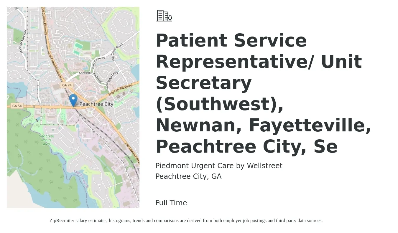 Piedmont Urgent Care by Wellstreet job posting for a Patient Service Representative/ Unit Secretary (Southwest), Newnan, Fayetteville, Peachtree City, Se in Peachtree City, GA with a salary of $16 to $21 Hourly with a map of Peachtree City location.