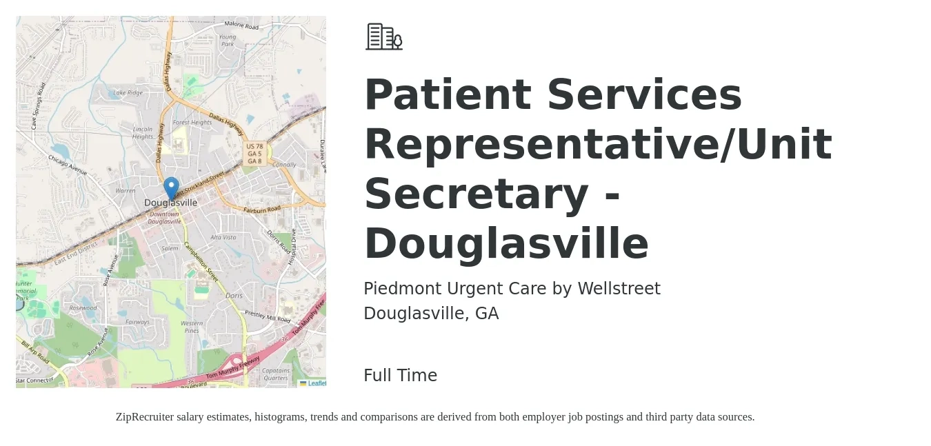 Piedmont Urgent Care by Wellstreet job posting for a Patient Services Representative/Unit Secretary - Douglasville in Douglasville, GA with a salary of $37,200 Yearly with a map of Douglasville location.