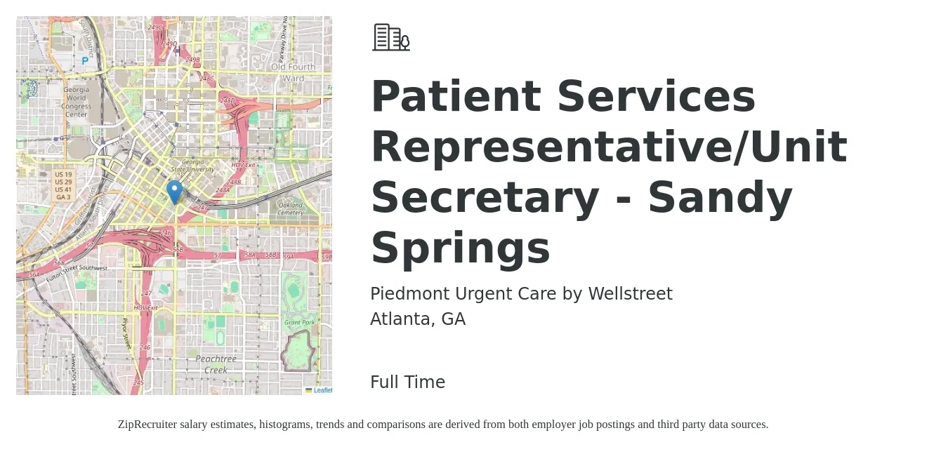 Piedmont Urgent Care by Wellstreet job posting for a Patient Services Representative/Unit Secretary - Sandy Springs in Atlanta, GA with a salary of $16 to $20 Hourly with a map of Atlanta location.