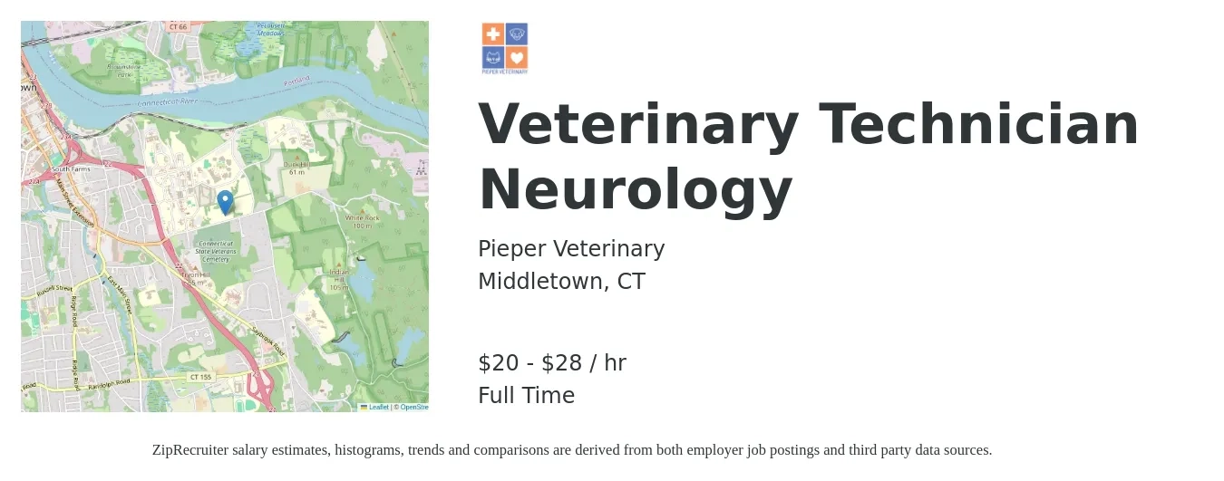 Pieper Veterinary job posting for a Veterinary Technician Neurology in Middletown, CT with a salary of $21 to $30 Hourly with a map of Middletown location.