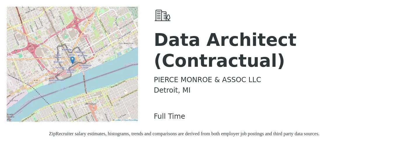 PIERCE MONROE & ASSOC LLC job posting for a Data Architect (Contractual) in Detroit, MI with a salary of $63 to $81 Hourly with a map of Detroit location.