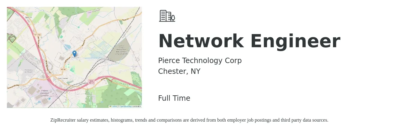 Pierce Technology Corp job posting for a Network Engineer in Chester, NY with a salary of $90,700 to $136,100 Yearly with a map of Chester location.