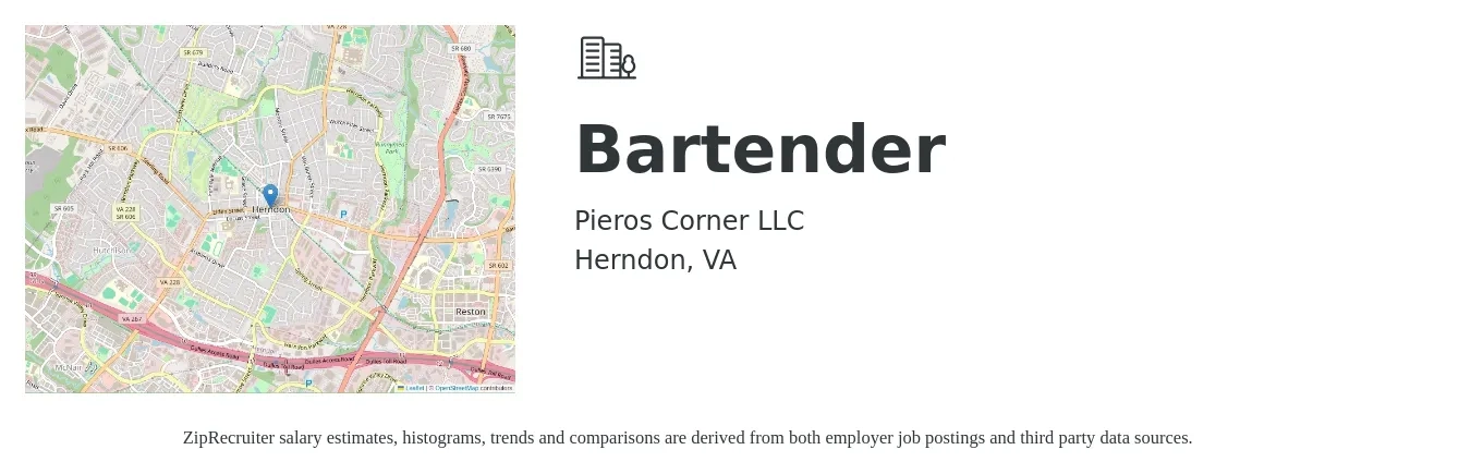 Pieros Corner LLC job posting for a Bartender in Herndon, VA with a salary of $600 to $900 Weekly with a map of Herndon location.