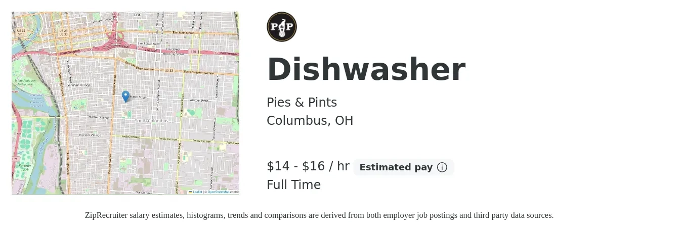 Pies & Pints job posting for a Dishwasher in Columbus, OH with a salary of $14 to $16 Hourly with a map of Columbus location.