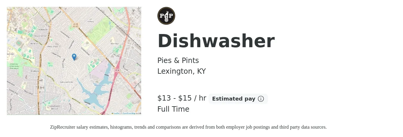 Pies & Pints job posting for a Dishwasher in Lexington, KY with a salary of $14 to $16 Hourly with a map of Lexington location.