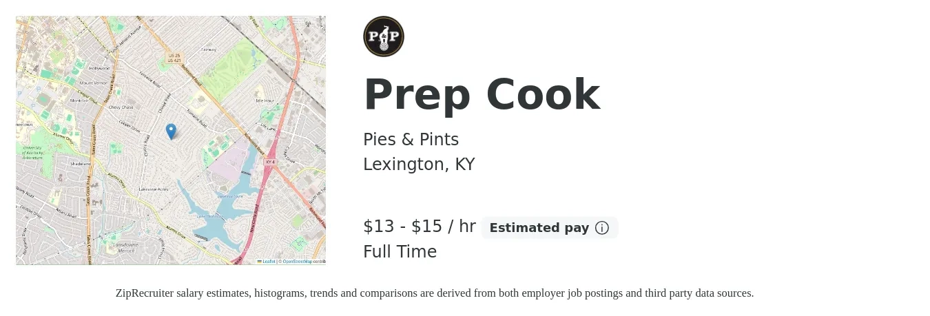 Pies & Pints job posting for a Prep Cook in Lexington, KY with a salary of $14 to $16 Hourly with a map of Lexington location.