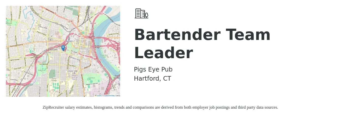 Pigs Eye Pub job posting for a Bartender Team Leader in Hartford, CT with a salary of $1,000 to $2,000 Weekly with a map of Hartford location.
