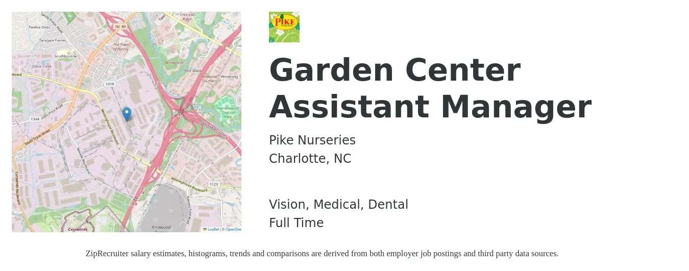 Pike Nurseries job posting for a Garden Center Assistant Manager in Charlotte, NC with a salary of $16 to $24 Hourly and benefits including life_insurance, medical, retirement, vision, and dental with a map of Charlotte location.