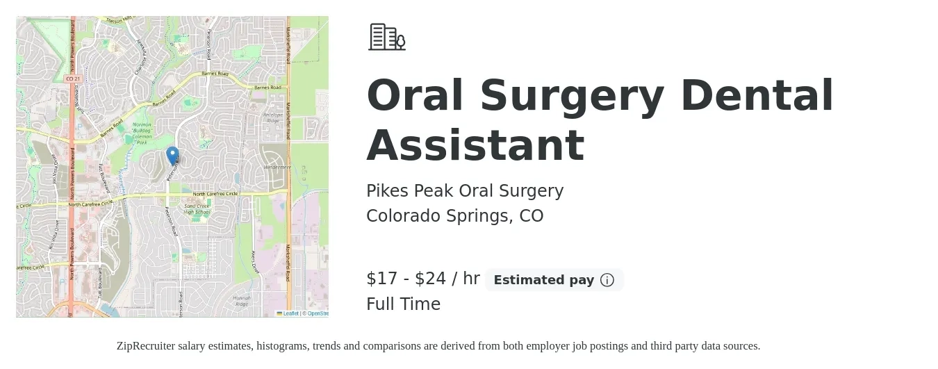 Pikes Peak Oral Surgery job posting for a Oral Surgery Dental Assistant in Colorado Springs, CO with a salary of $18 to $25 Hourly with a map of Colorado Springs location.