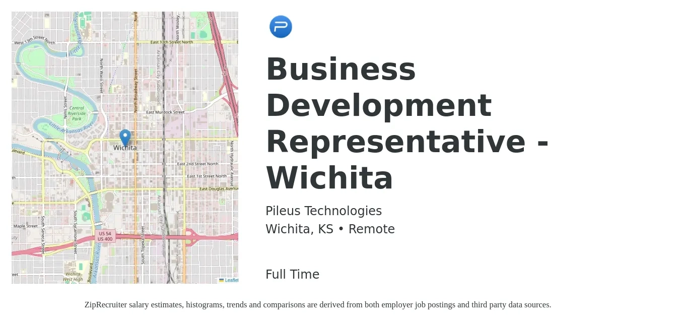 Pileus Technologies LLC job posting for a Business Development Representative - Wichita in Wichita, KS with a salary of $40,300 to $62,600 Yearly with a map of Wichita location.