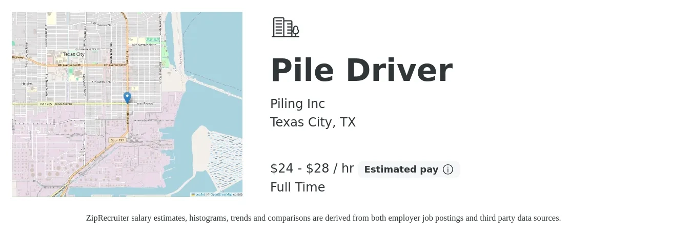 Piling Inc job posting for a Pile Driver in Texas City, TX with a salary of $14 to $24 Hourly with a map of Texas City location.