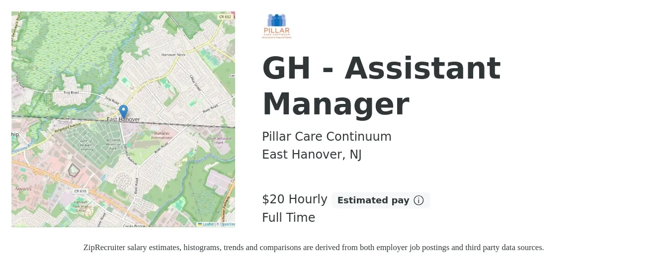 Pillar Care Continuum job posting for a GH - Assistant Manager in East Hanover, NJ with a salary of $21 Hourly with a map of East Hanover location.