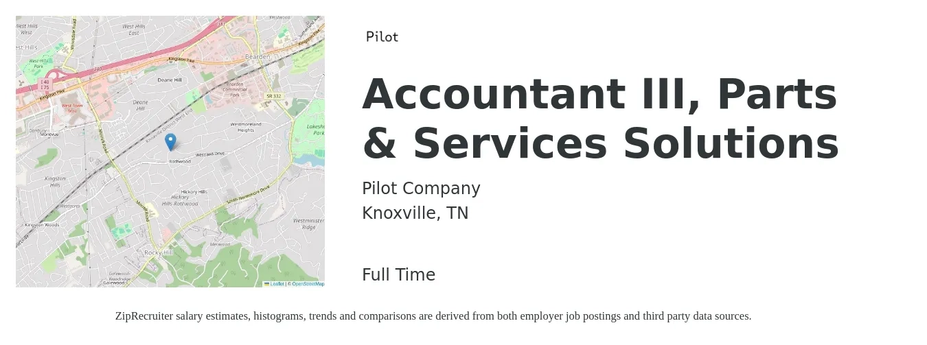 Pilot Company (SSC) job posting for a Accountant III, Parts & Services Solutions in Knoxville, TN with a salary of $44,100 to $64,700 Yearly with a map of Knoxville location.
