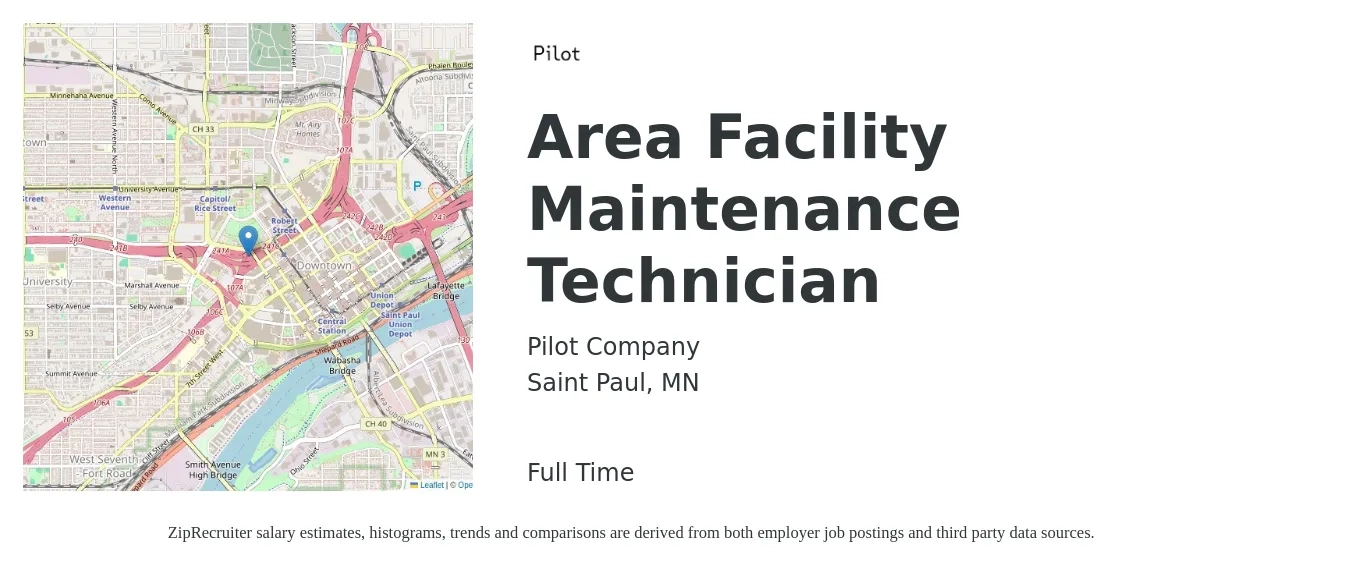 Pilot Company job posting for a Area Facility Maintenance Technician in Saint Paul, MN with a salary of $20 to $27 Hourly with a map of Saint Paul location.