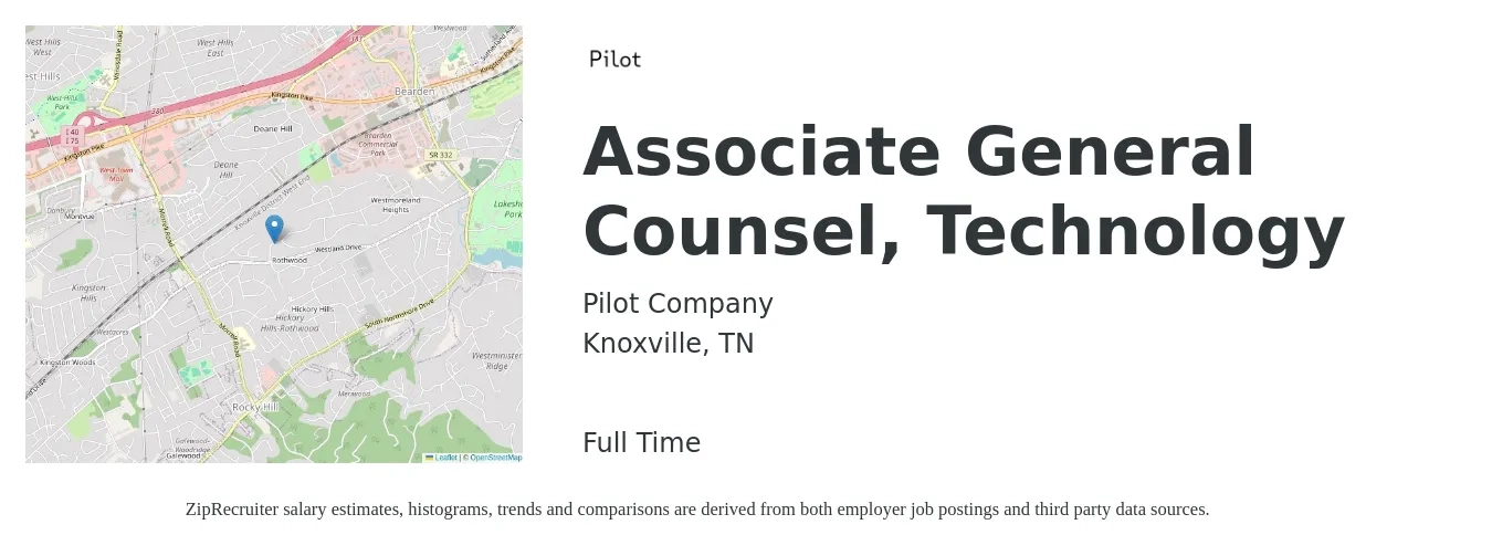 Pilot Company (SSC) job posting for a Associate General Counsel, Technology in Knoxville, TN with a salary of $88,700 to $156,700 Yearly with a map of Knoxville location.