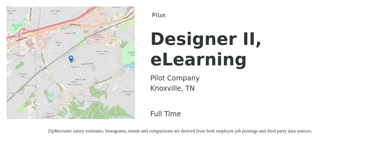 Pilot Company (SSC) job posting for a Designer II, eLearning in Knoxville, TN with a salary of $28 to $78 Hourly with a map of Knoxville location.
