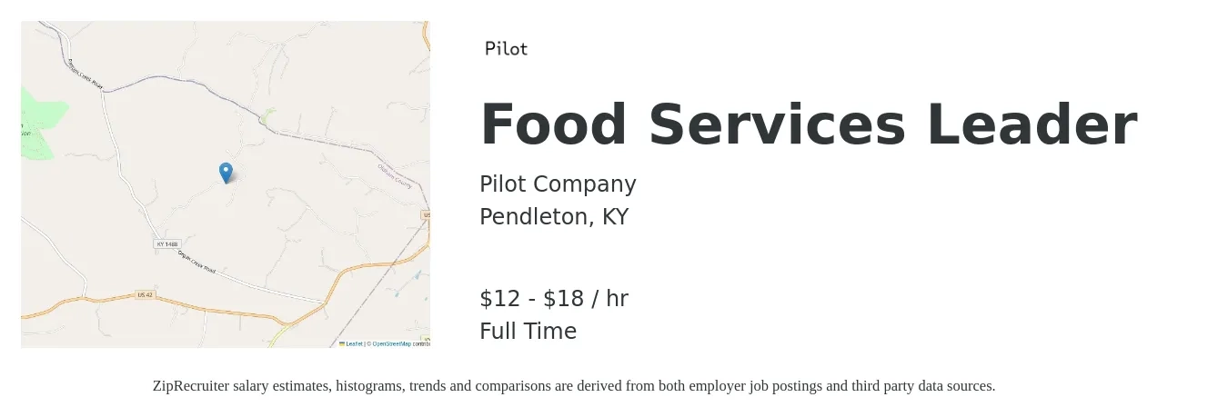 Pilot Company job posting for a Food Services Leader in Pendleton, KY with a salary of $13 to $19 Hourly with a map of Pendleton location.